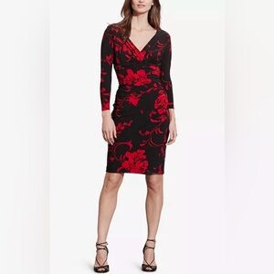 Lauren Ralph Lauren Printed Jersey Surplice Dress Floral Size 2 Wrap Black Red